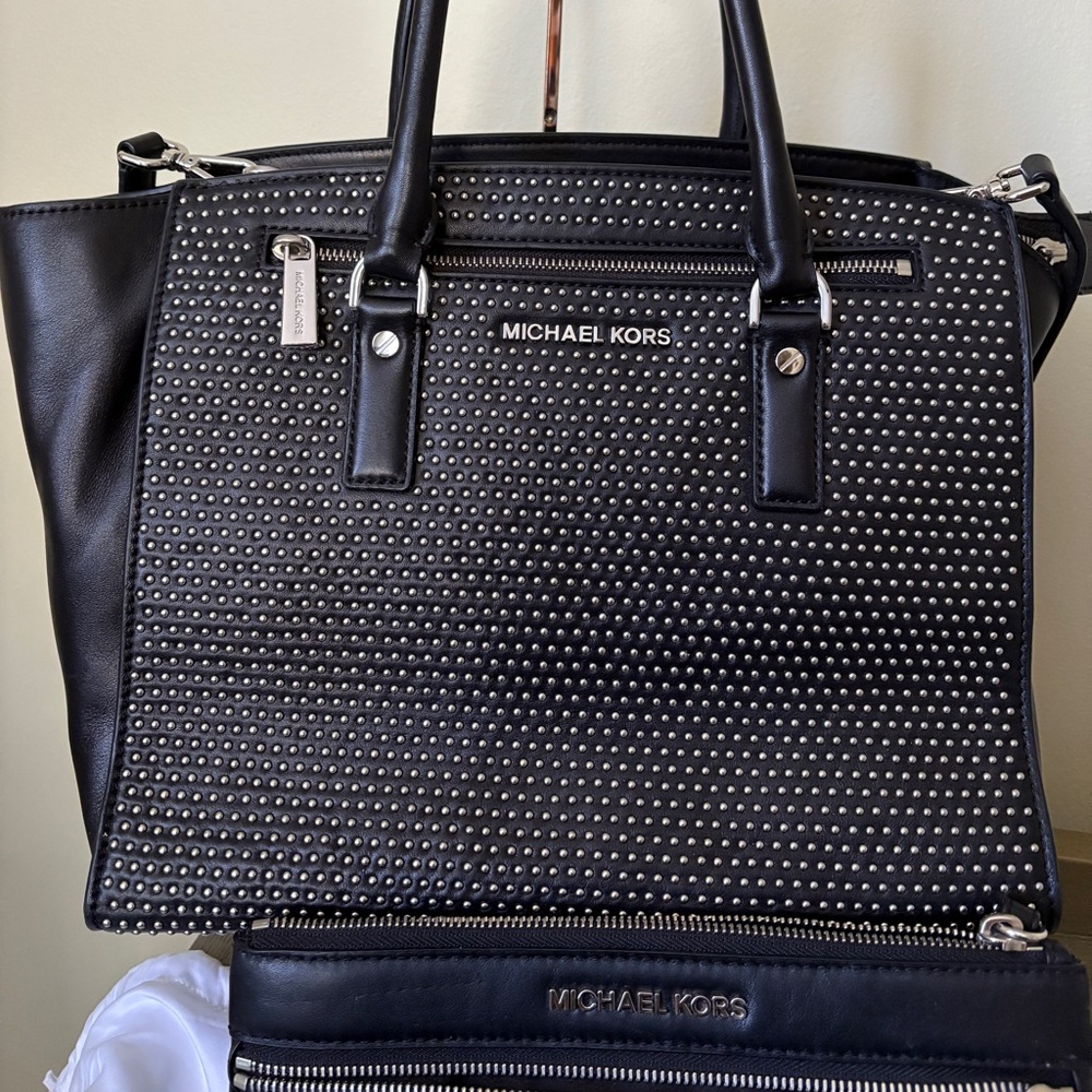 Michael kors studded Sophie tote with matching wristlet and original tags
